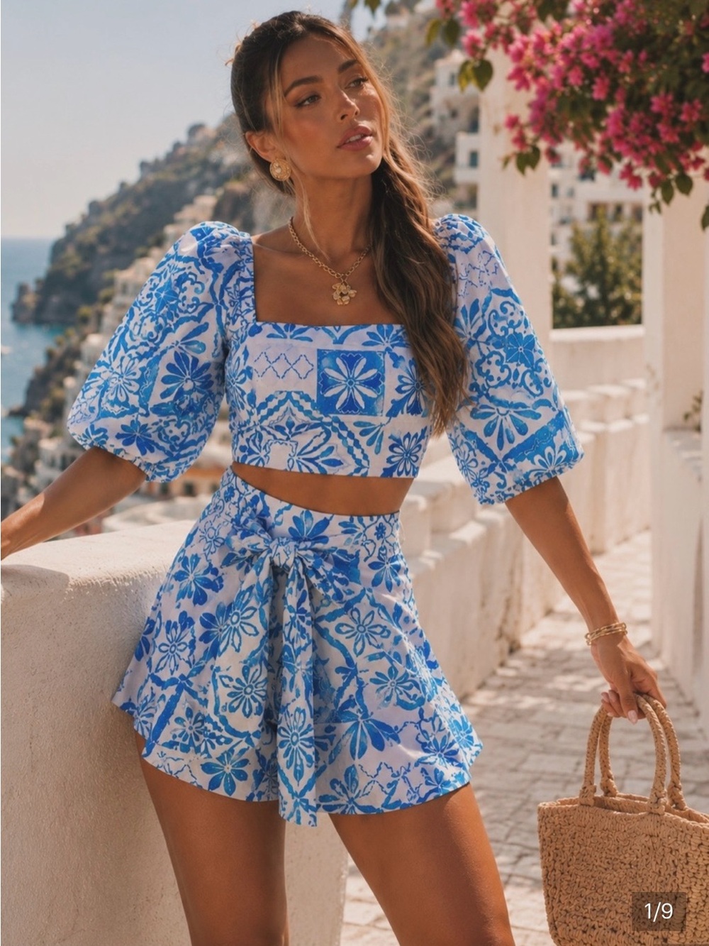Aegean Blue Tile Crop Top Square-Neck Puff Sleeve